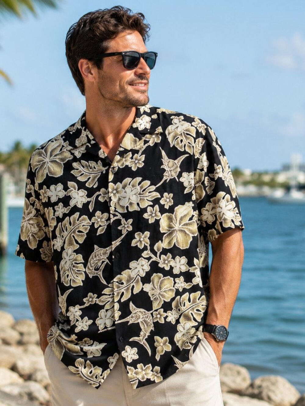 Bluewater Wear Hawaiian Fishing Shirt XL Black Cotton Sailfish Aloha Button Up